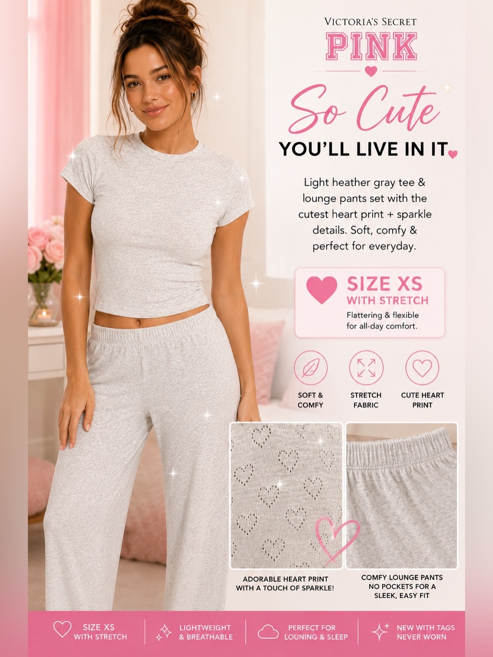 PINK Victoria's Secret Light Heather Gray Heart Print Lounge Set